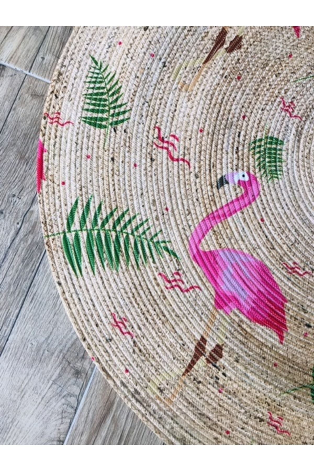 Halı Vagonu Flamingolar Yuvarlak Jüt Örme Hasır Halı/Kilim HV-JH-03