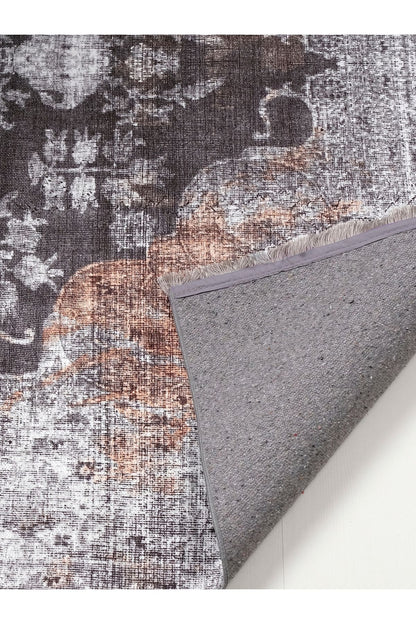 Halı Vagonu 2155 Gri Siyah Hardal Sarı Vintage Desenli Dokuma Taban Halı