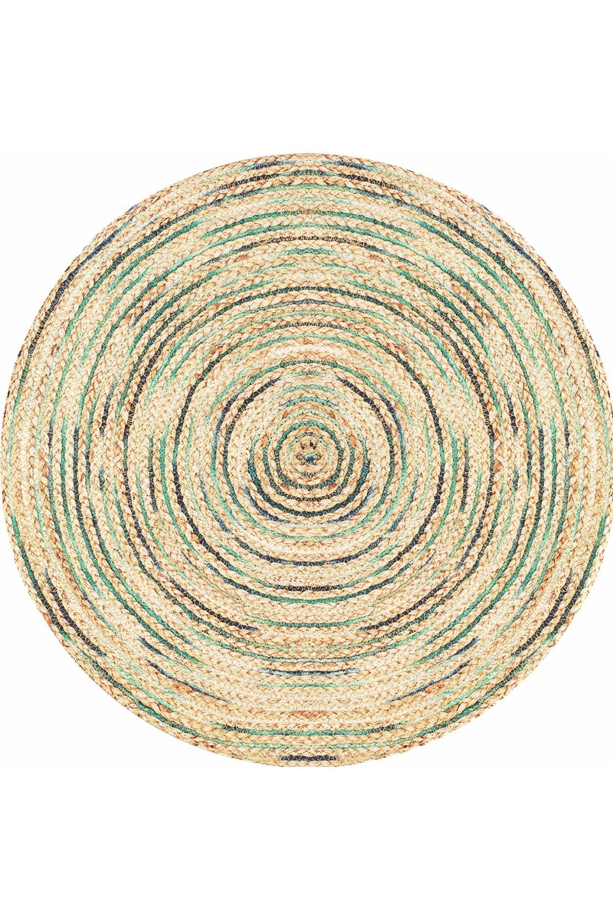 Boho 950 Jüt Rengi Ve Yeşil Desenli Örgü Yuvarlak Natural Çift Taraflı Halı