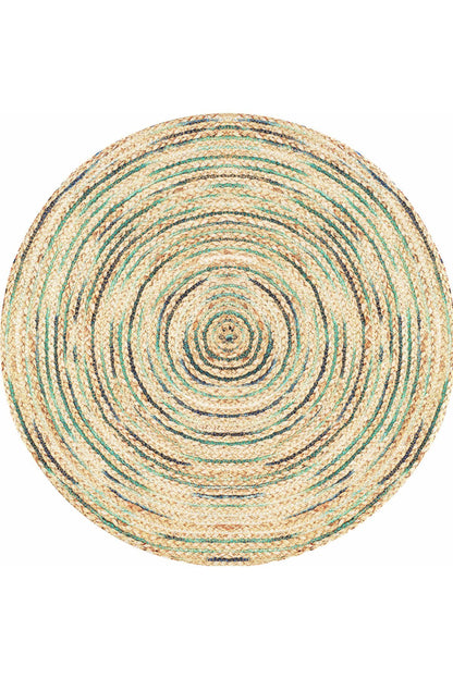 Boho 950 Jüt Rengi Ve Yeşil Desenli Örgü Yuvarlak Natural Çift Taraflı Halı