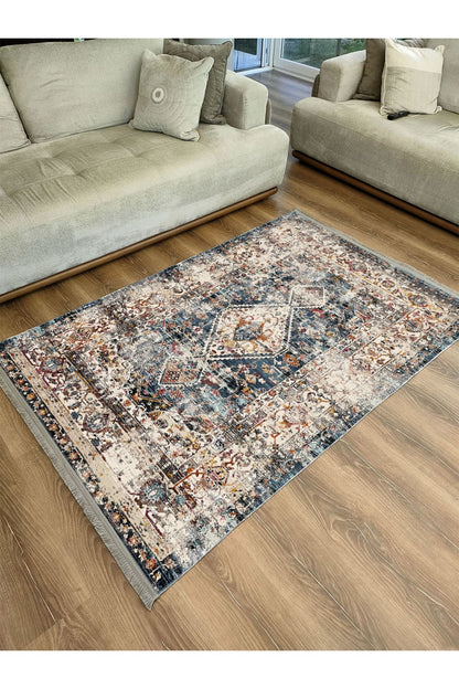 Mars 2162 Krem Ve Mavi Tonlarında Klasik Eskitme Desen Saçakli Dekoratif Halı