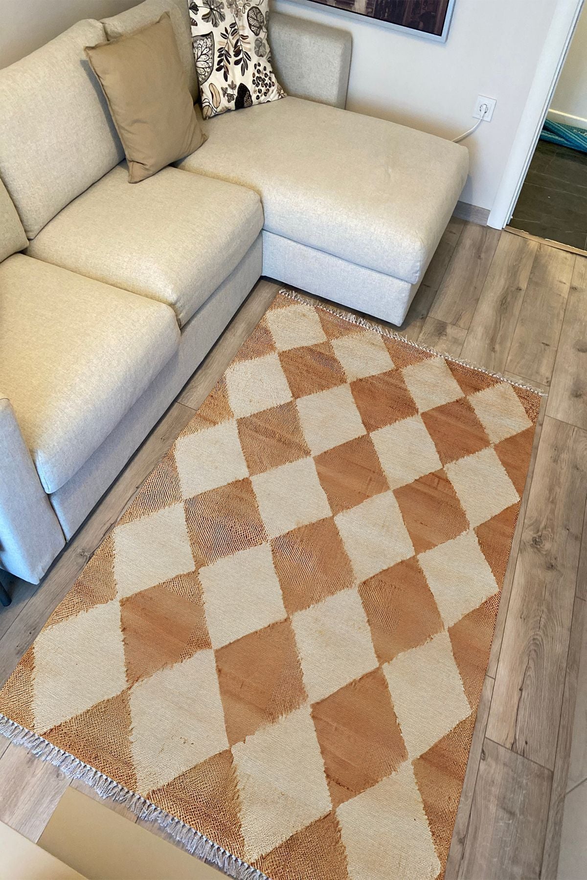 Cotton Kilim 5 Hardal Krem Tonunda Geometrik Desenli Dekoratif Yıkanabilen Dokuma Taban Kilim