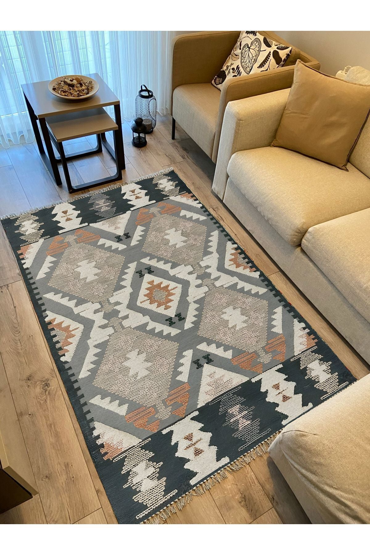 Cotton Kilim 16 Gri Zeminli Çizgili Desenli Dekoratif Yıkanabilen Dokuma Taban Kilim
