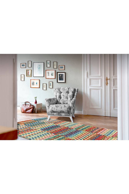 Cotton Serisi Multy Tonlarında Geometrik Eskitme Desen Dekoratif Dokuma Taban Kilim