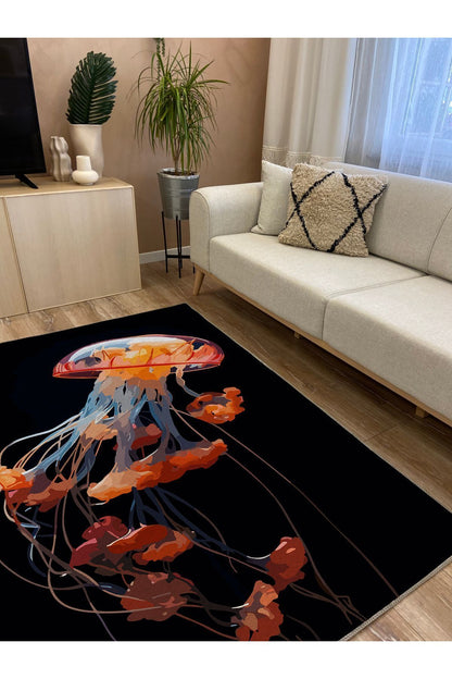 Halı Vagonu 42 Modern Stil Siyah Deniz Anası Salon Halısı Pelüş Halı Yıkanabilen Dekoratif Halı