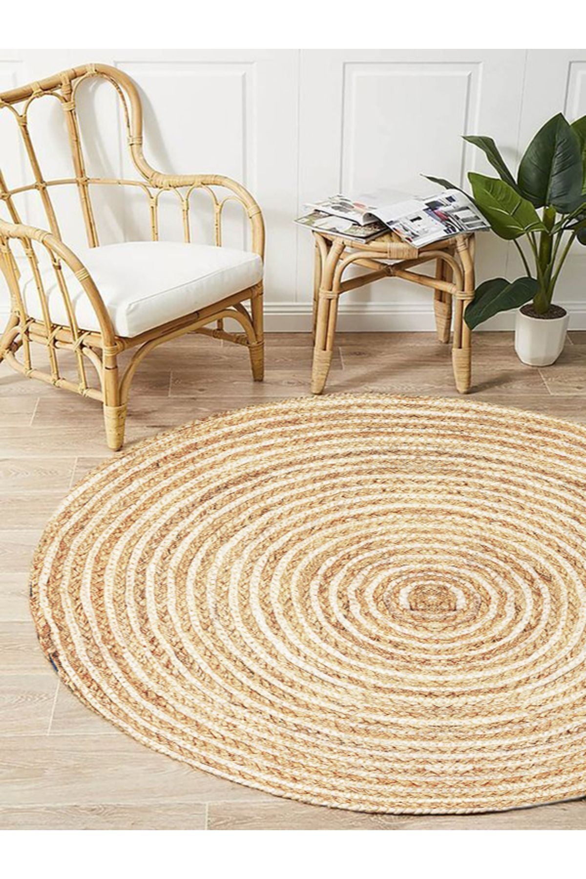 Boho 949 Jüt Rengi Örgü Yuvarlak Natural Çift Taraflı Halı