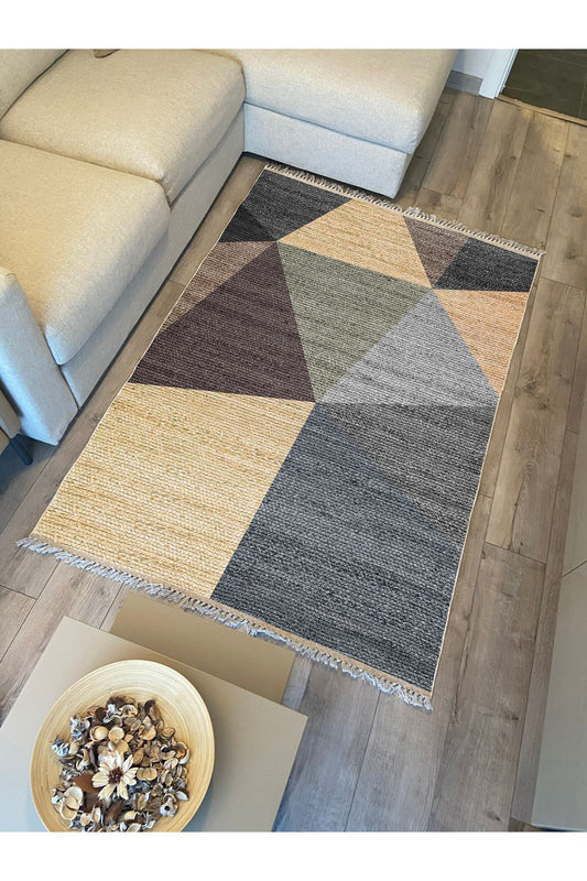 Cotton Kilim 27 Çok Renkli Geleneksel Motif Çizgili Desenli Dekoratif Yıkanabilen Dokuma Taban Kilim