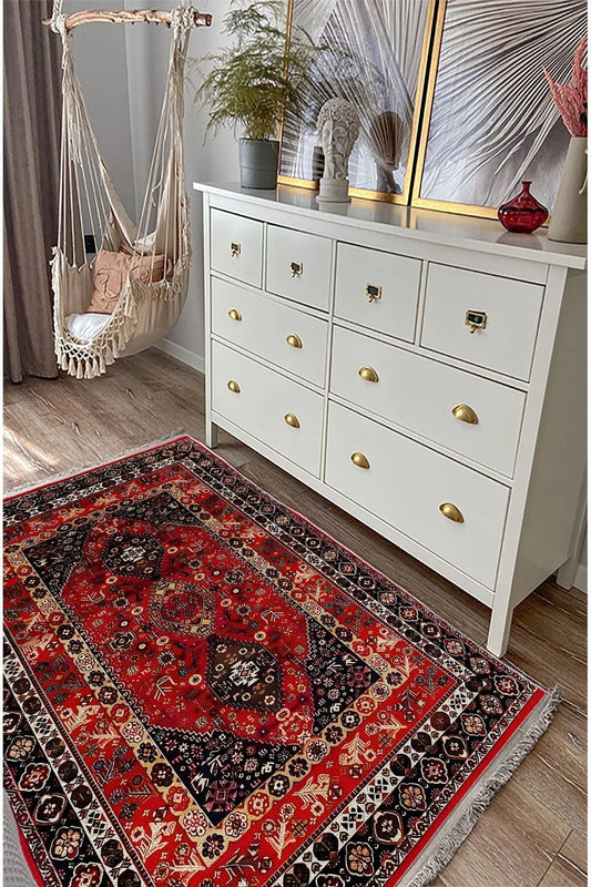 HV Halı 94 Kırmızı Ve Füme Tonlarında Klasık Dekoratif Halı Salon Halısı Saçaklı Yıkanabilen Halı - HALI VAGONU