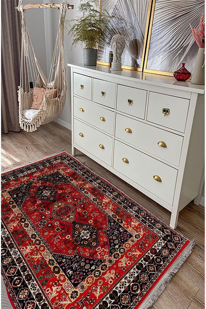 HV Halı 94 Kırmızı Ve Füme Tonlarında Klasık Dekoratif Halı Salon Halısı Saçaklı Yıkanabilen Halı