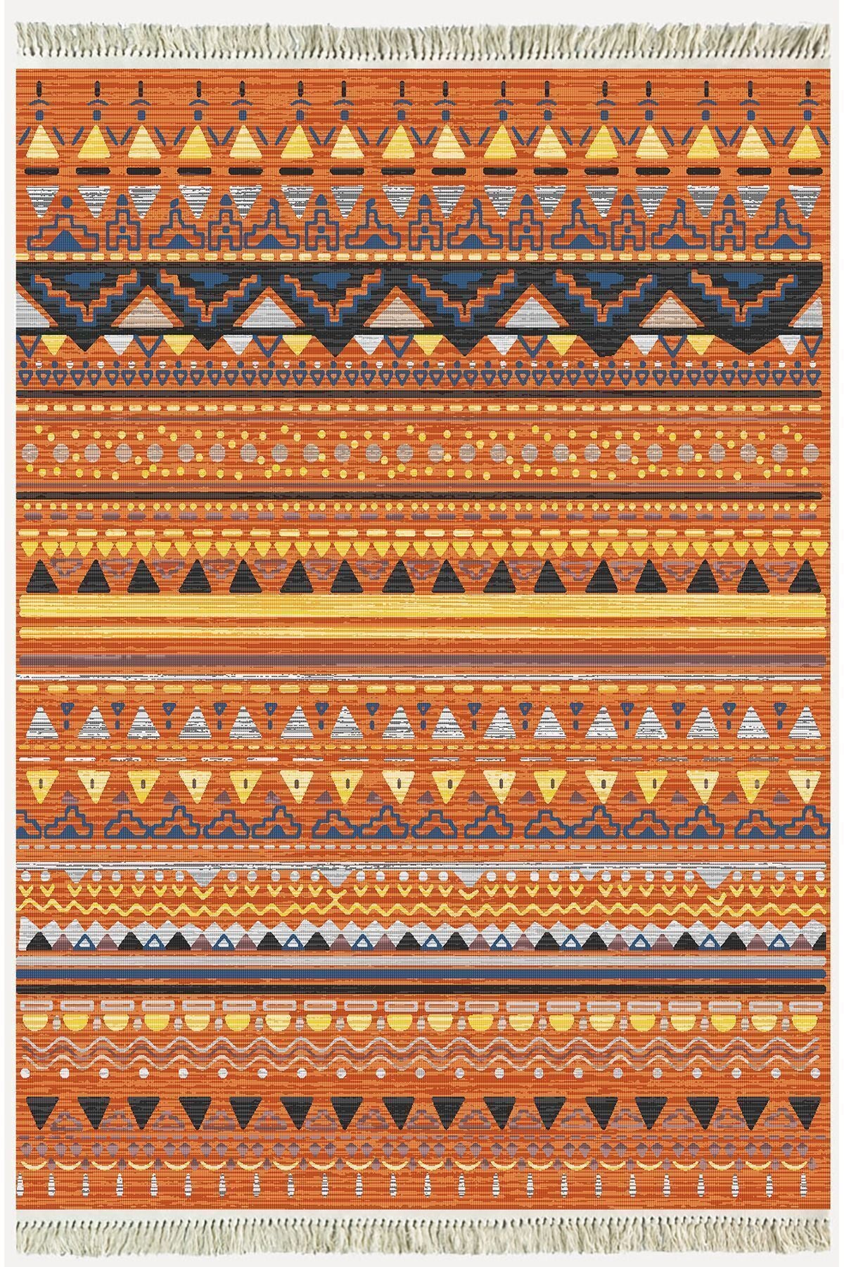 Cotton Kilim 25 Çok Renkli Geleneksel Motif Çizgili Desenli Dekoratif Yıkanabilen Dokuma Taban Kilim
