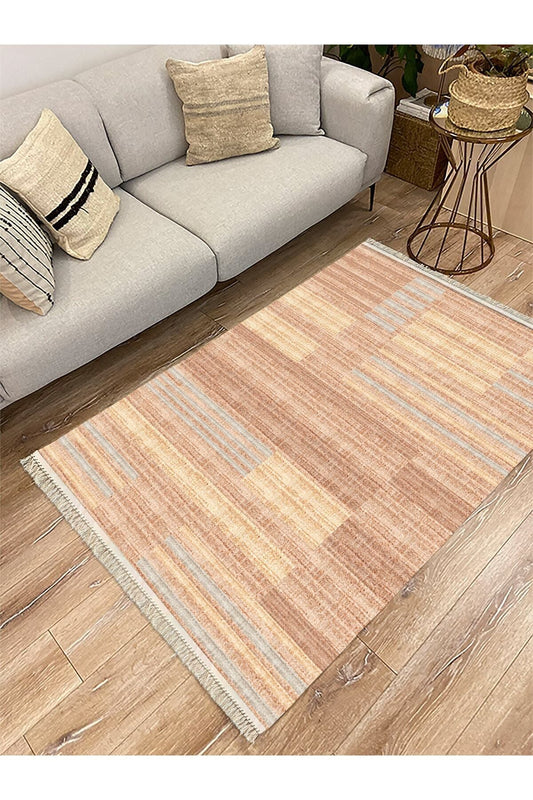 Cotton Serisi Kahve Tonlarında Hasır Görünmlü Eskitme Desen Dekoratif Dokuma Taban Kilim