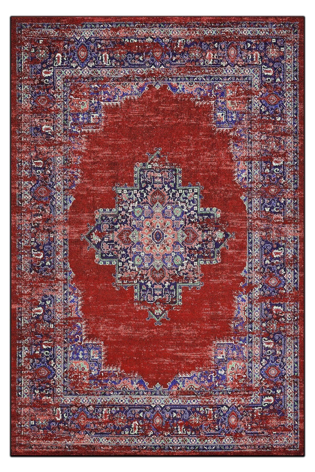 Halı Vagonu 197 Kırmızı Etnik Desenli Vintage Dokuma Taban Halı