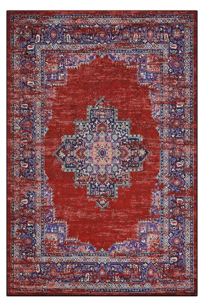 Halı Vagonu 197 Kırmızı Etnik Desenli Vintage Dokuma Taban Halı