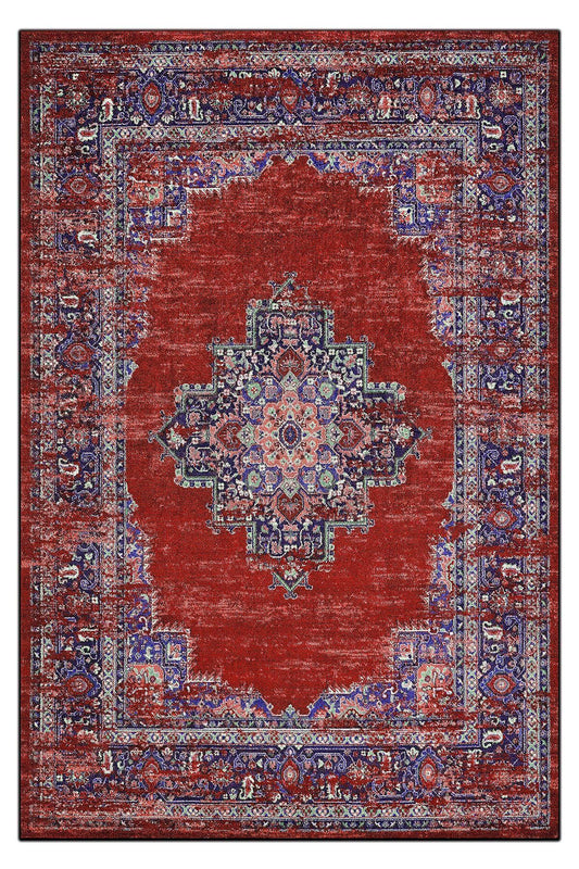 Halı Vagonu 197 Kırmızı Etnik Desenli Vintage Dokuma Taban Halı