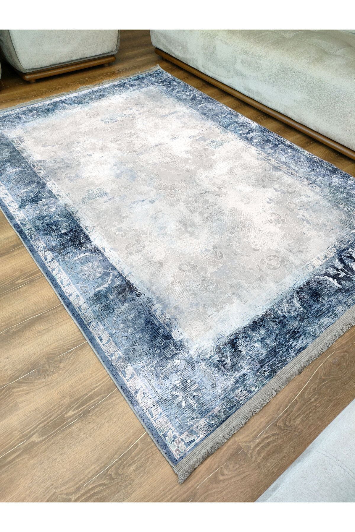 Halı Vagonu 2068 Mavi Çerçeve Desenli Yıkanabilir Kaymaz Salon Halısı, Koridor Ve Mutfak Halısı