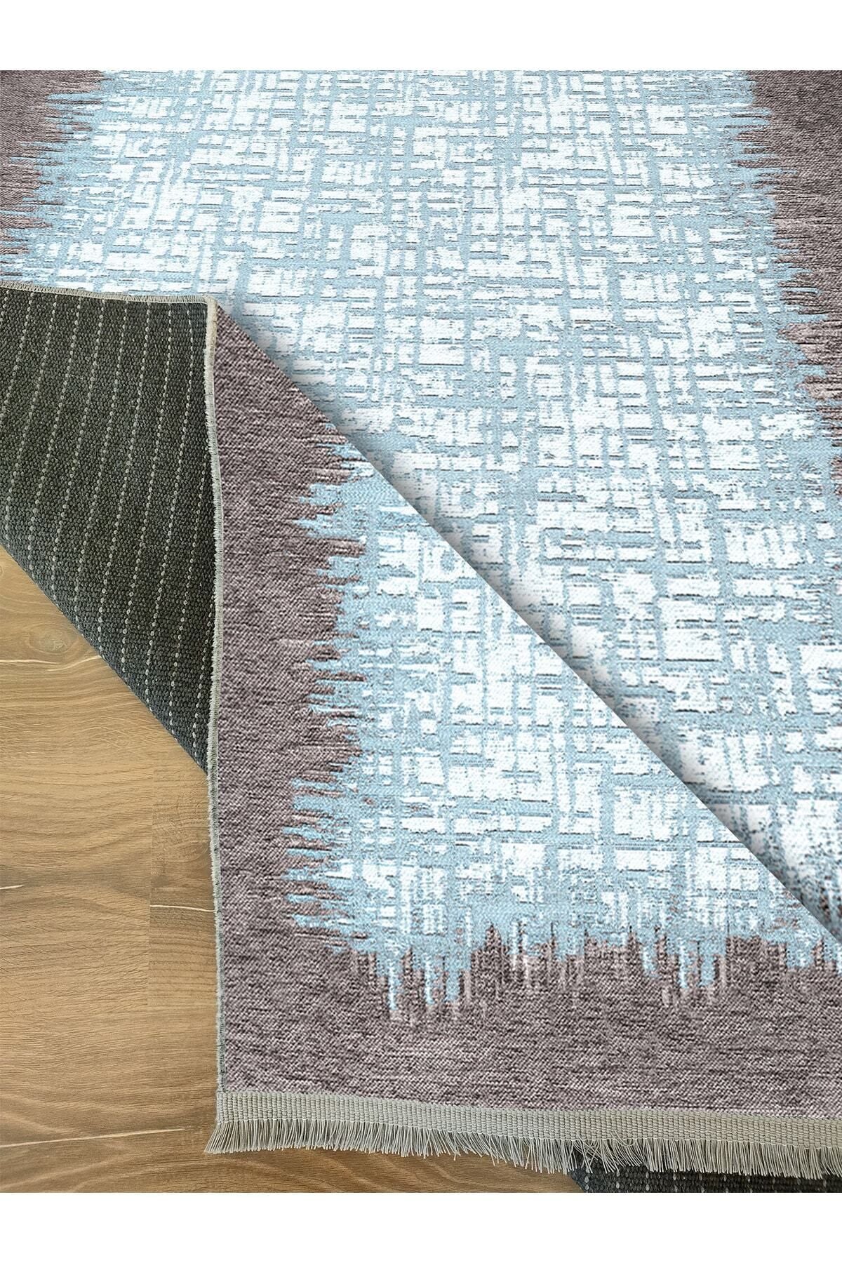 Halı Vagonu Serisi Mavi Tonlarında Çerçeveli Etnik Desen Kaymaz Taban Şönil Halı