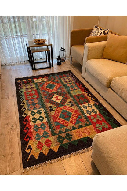Cotton Kilim 3053 Laciver Geleneksel Motifler Modern Dekoratif Saçaklı Yıkanabilen Dokuma Kilim