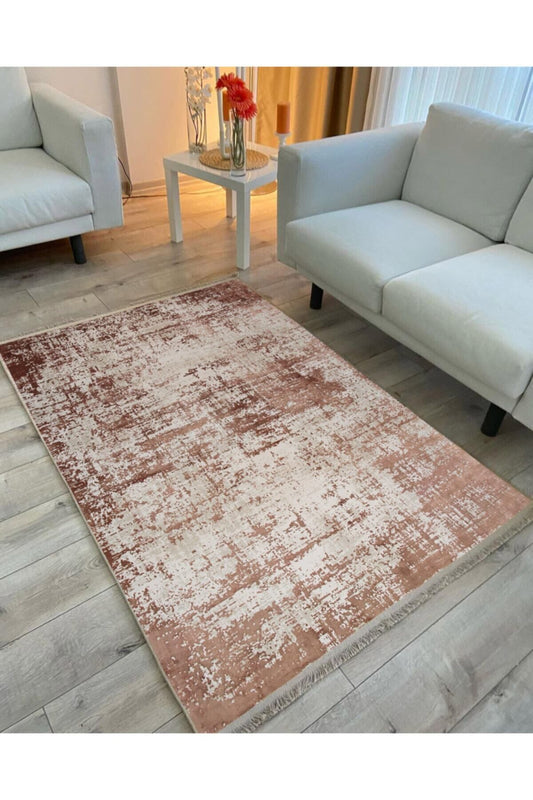 Halı Vagonu 2033 Kahve Ve Krem Tonunda Modern Eskitme Desen Kaymaz Taban Dekoratif Halı