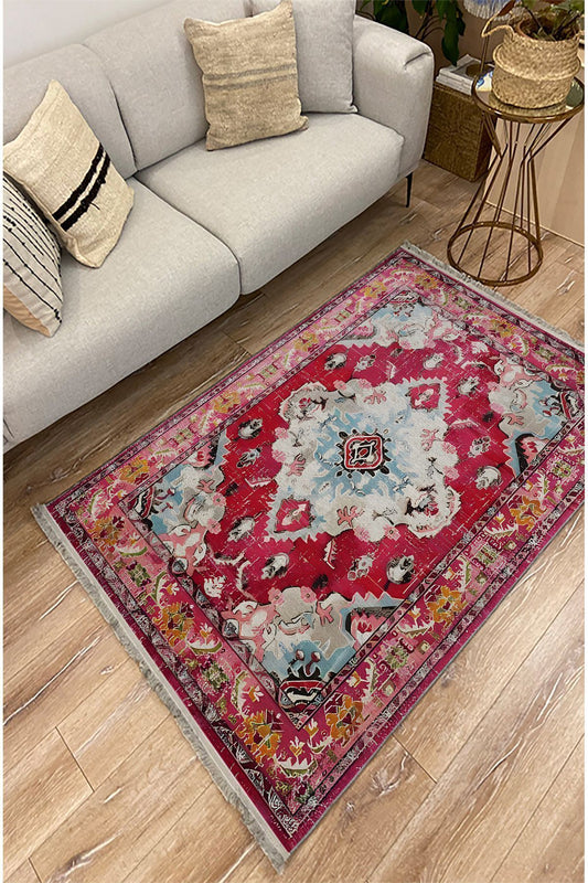 Halı Vagonu Halı98 Fuşya Tonlarında Klasık Dekoratif Halı Salon Halısı Saçaklı Yıkanabilen Halı