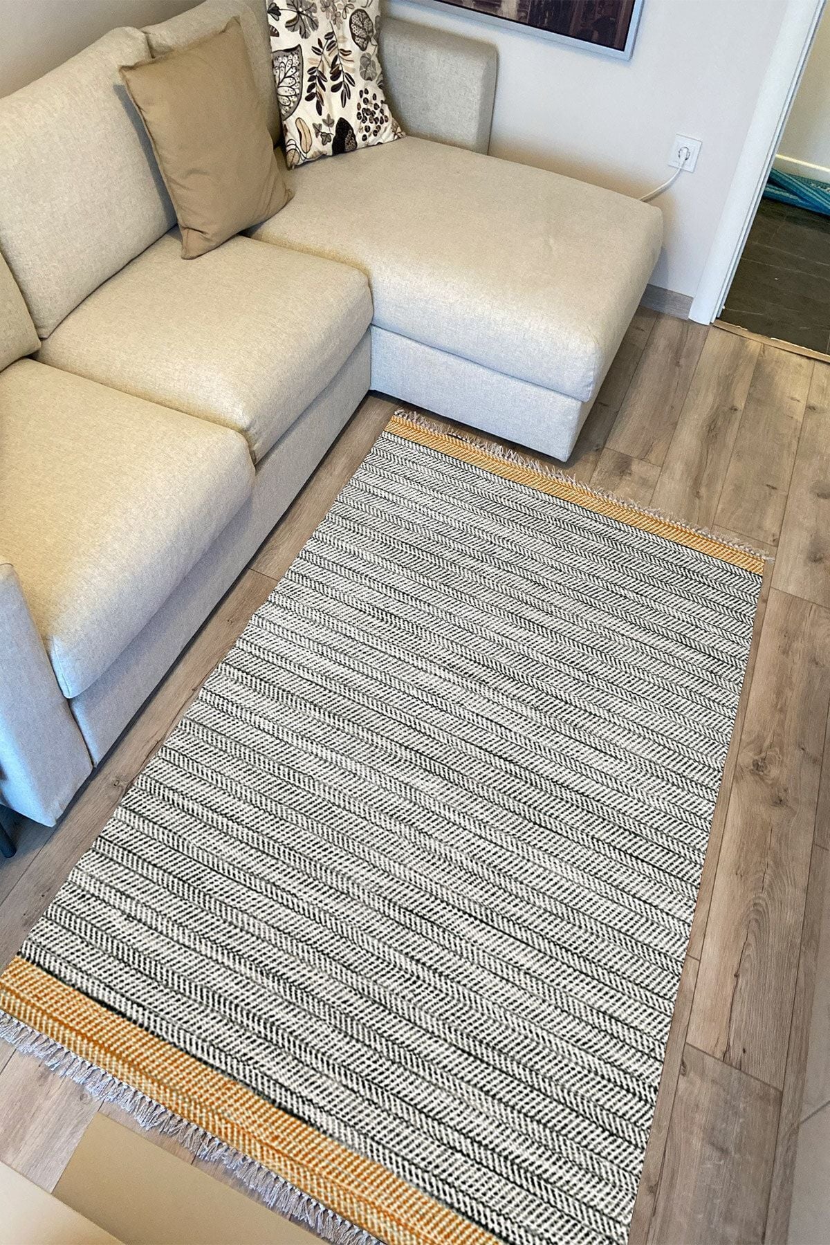 Cotton Serisi Hardal Gri Tonlarında Örgü Görümlü Otantik Dekoratif Dokuma Taban Kilim