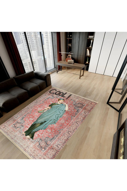 Halı Vagonu 168 Kırmızı Vintage Art Cool Heykel Figürlü Modern Dokuma Taban Halı