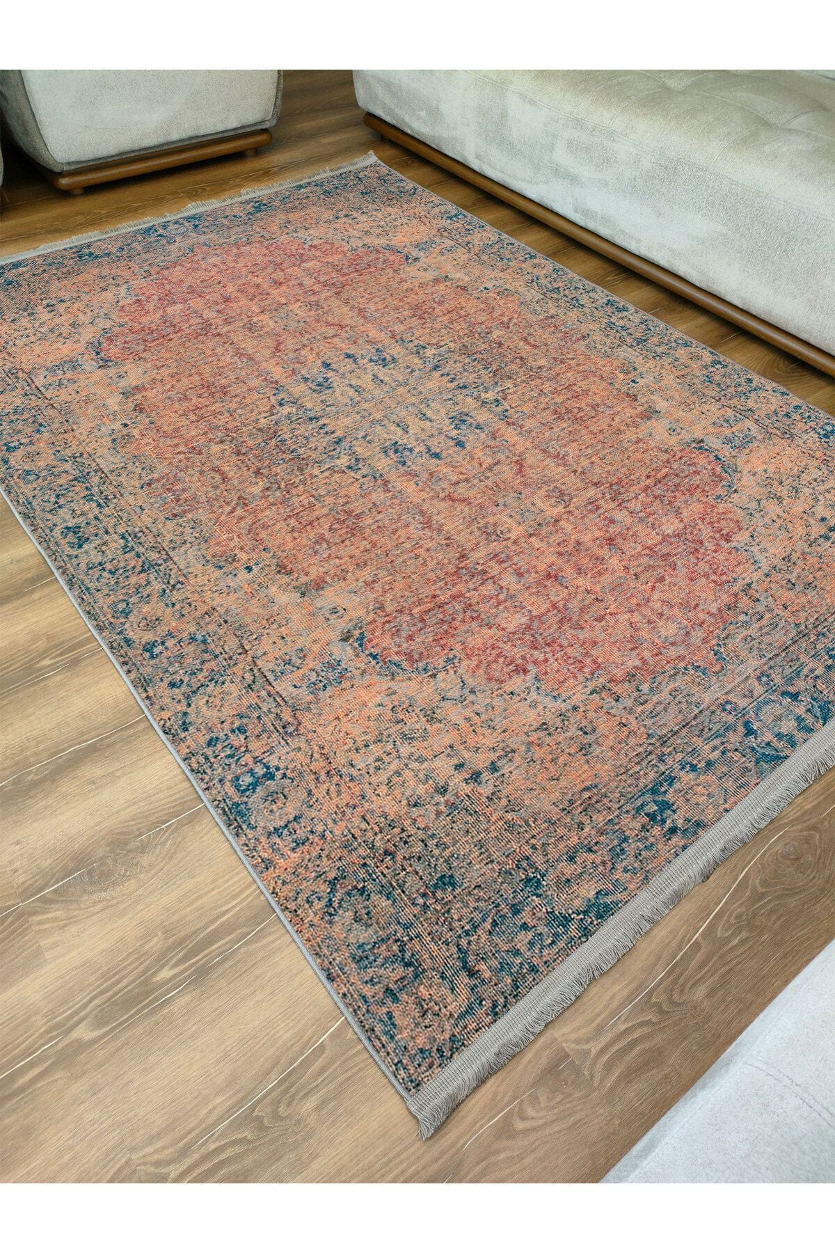 Halı Vagonu Serisi Mavi Ve Kahve Tonlarında Eskitme Otantik Desen Kaymaz Taban Şönil Halı