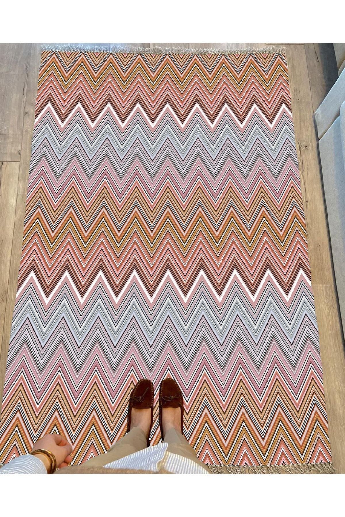 Cotton Serisi Multy Tonlarında Zikzak Eskitme Desenli Dekoratif Dokuma Taban Kilim