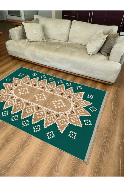 Halı Vagonu106 Yeşil Tonlarında Klasık Dekoratif Salon Halısı Saçaklı Yıkanabilen Halı