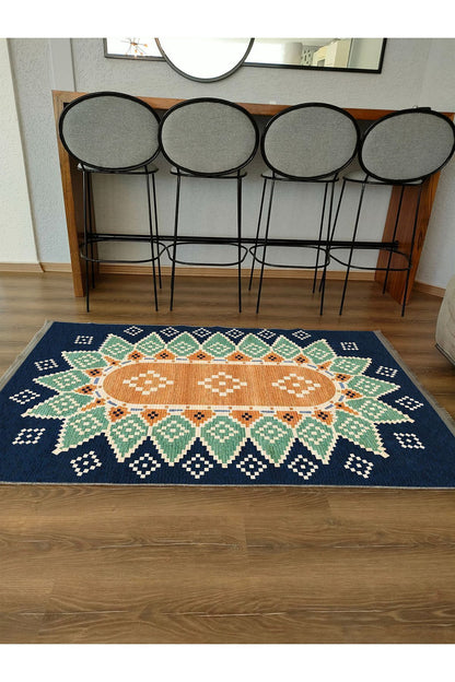 Halı Vagonu114 Mavi Tonlarında Klasık Dekoratif Kilim Salon Halısı Saçaklı Yıkanabilen Halı