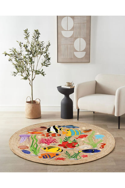 Boho 917 Jüt Hasır Etnik Desenli Jüt Örme Doğal Hasır Natural Halı