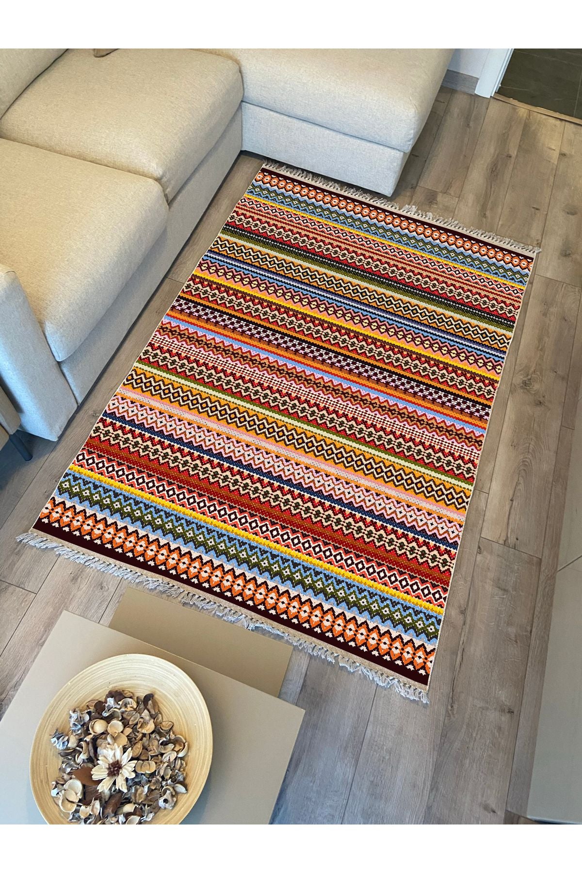 Cotton Kilim 77 Çok Renkli Etnik Bohem Stil Pamuk Taban