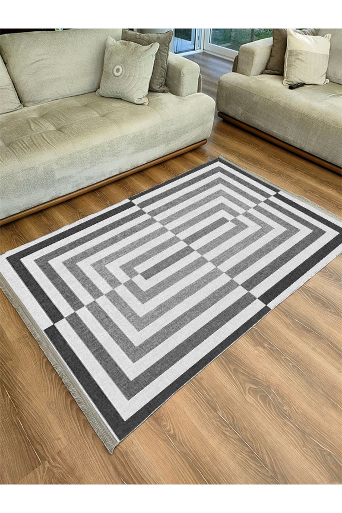 Halı Vagonus 2190 Gri Geometrik Yıkanabilir Kaymaz Tabanlı Salon Halısı, Koridor Ve Mutfak Halısı