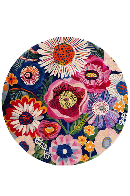 Halı Vagonu 201 Çiçekli Çok Renkli Yuvarlak Dokuma Taban Salon Halısı