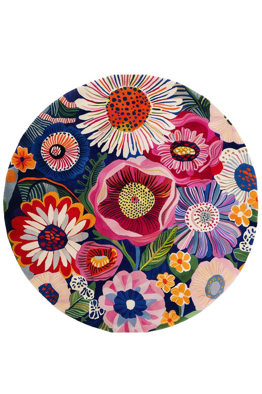 Halı Vagonu 201 Çiçekli Çok Renkli Yuvarlak Dokuma Taban Salon Halısı