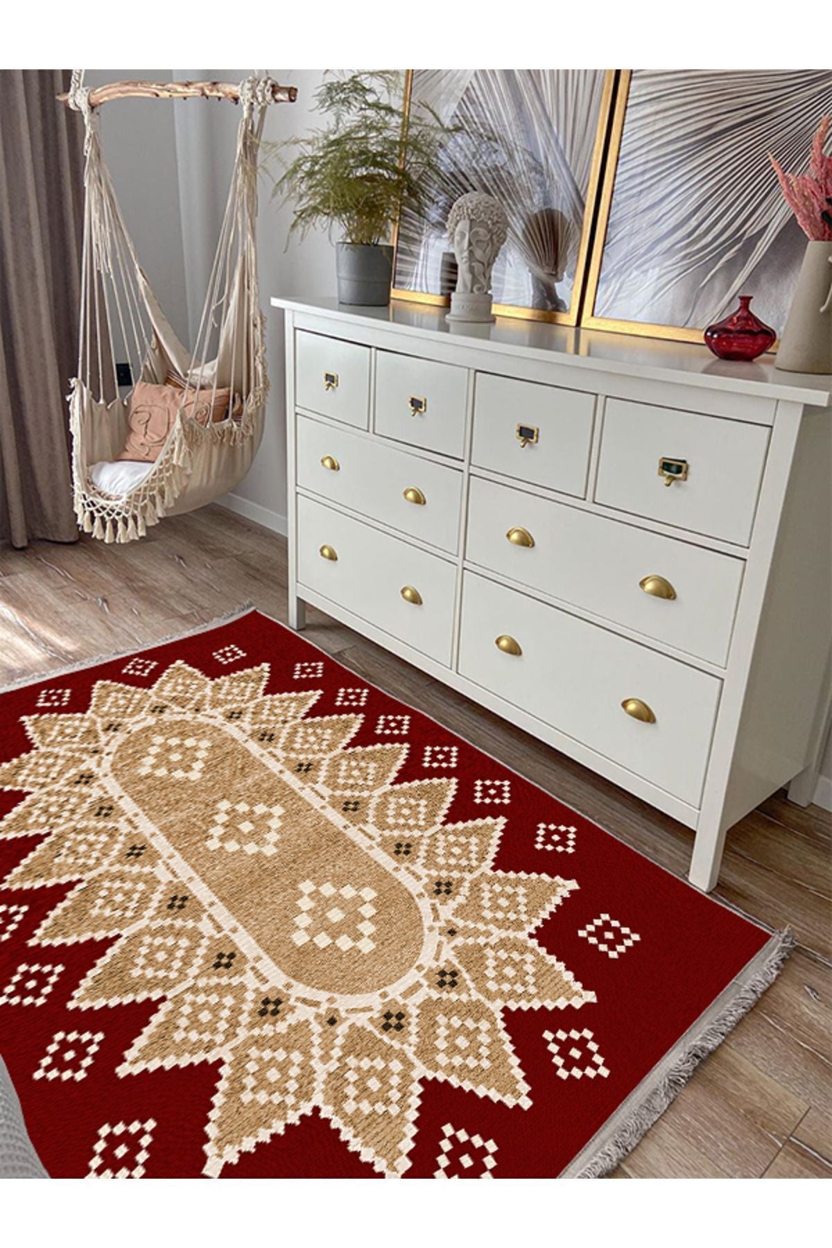 Halı Vagonu107 Kırmızı Tonlarında Klasık Dekoratif Kilim Salon Halısı Saçaklı Yıkanabilen Halı