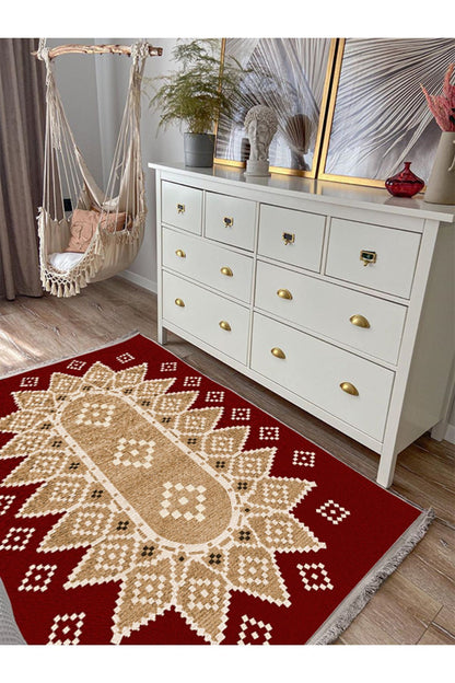 Halı Vagonu107 Kırmızı Tonlarında Klasık Dekoratif Kilim Salon Halısı Saçaklı Yıkanabilen Halı