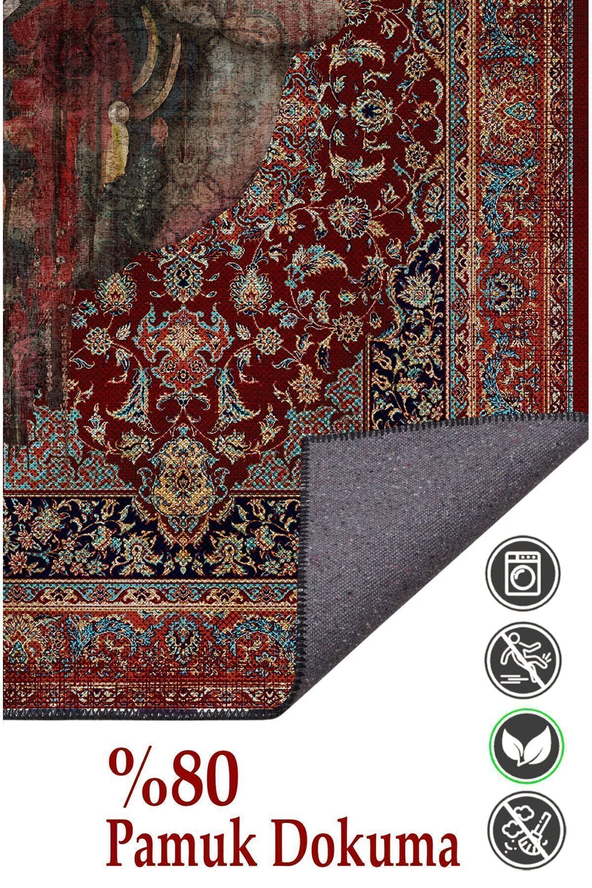 HV 123 Etnik Anadolu Halı Üzerine Kadın Suratı Dekoratif Salon Halısı Saçaklı Yıkanabilen Halı