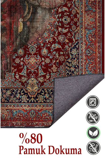 HV 123 Etnik Anadolu Halı Üzerine Kadın Suratı Dekoratif Salon Halısı Saçaklı Yıkanabilen Halı