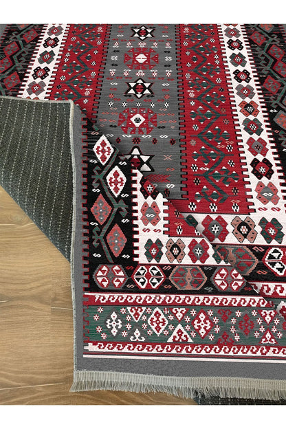 Halı Vagonu Serisi Antik Kırmızı Ve Siyah Tonlarında Otantik Desen Kaymaz Taban Şönil Halı