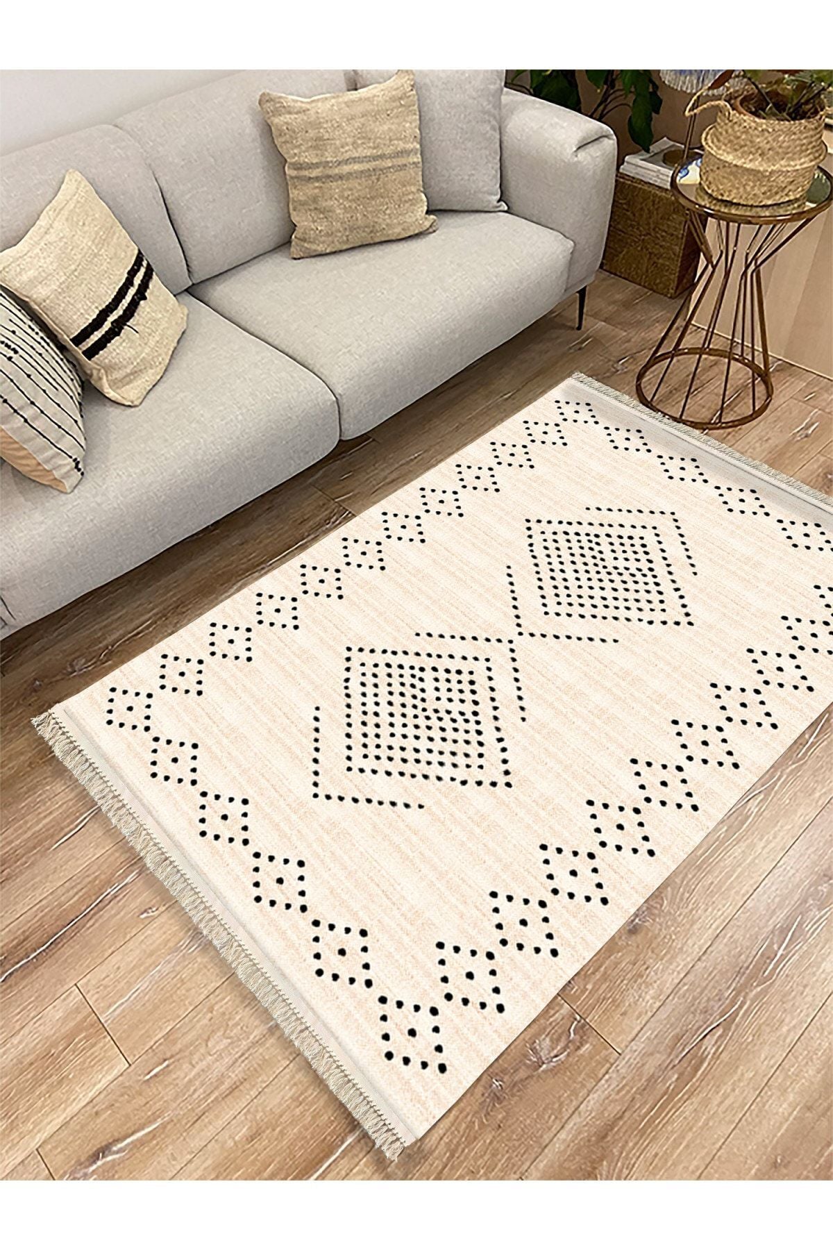 Cotton Serisi Krem Tonlarında Geometrik Eskitme Desen Dekoratif Dokuma Taban Kilim