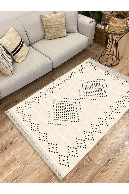 Cotton Serisi Krem Tonlarında Geometrik Eskitme Desen Dekoratif Dokuma Taban Kilim