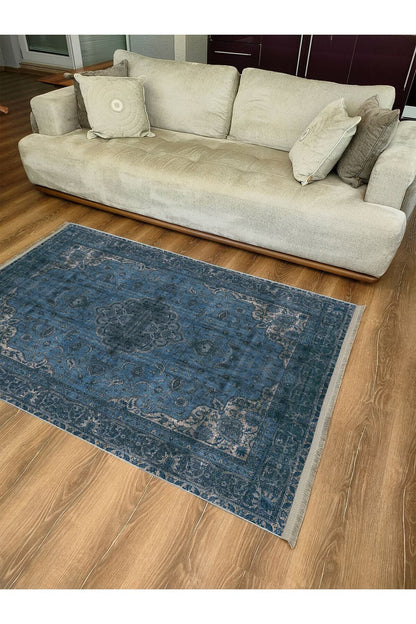Halı Vagonu Serisi Lacivert Eskitme Antika Desen Kaymaz Taban Şönil Halı