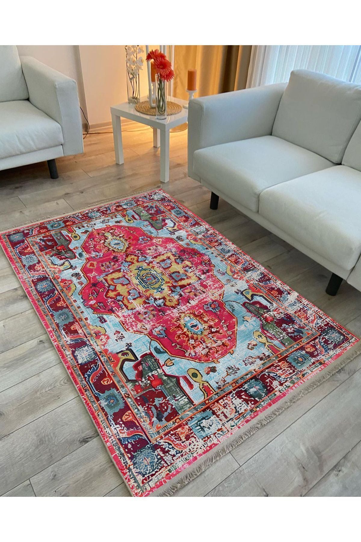 Halı Vagonu 91 Fuşya Tonlarında Klasık Dekoratif Salon Halısı Saçaklı Yıkanabilen Dekoratif Halı