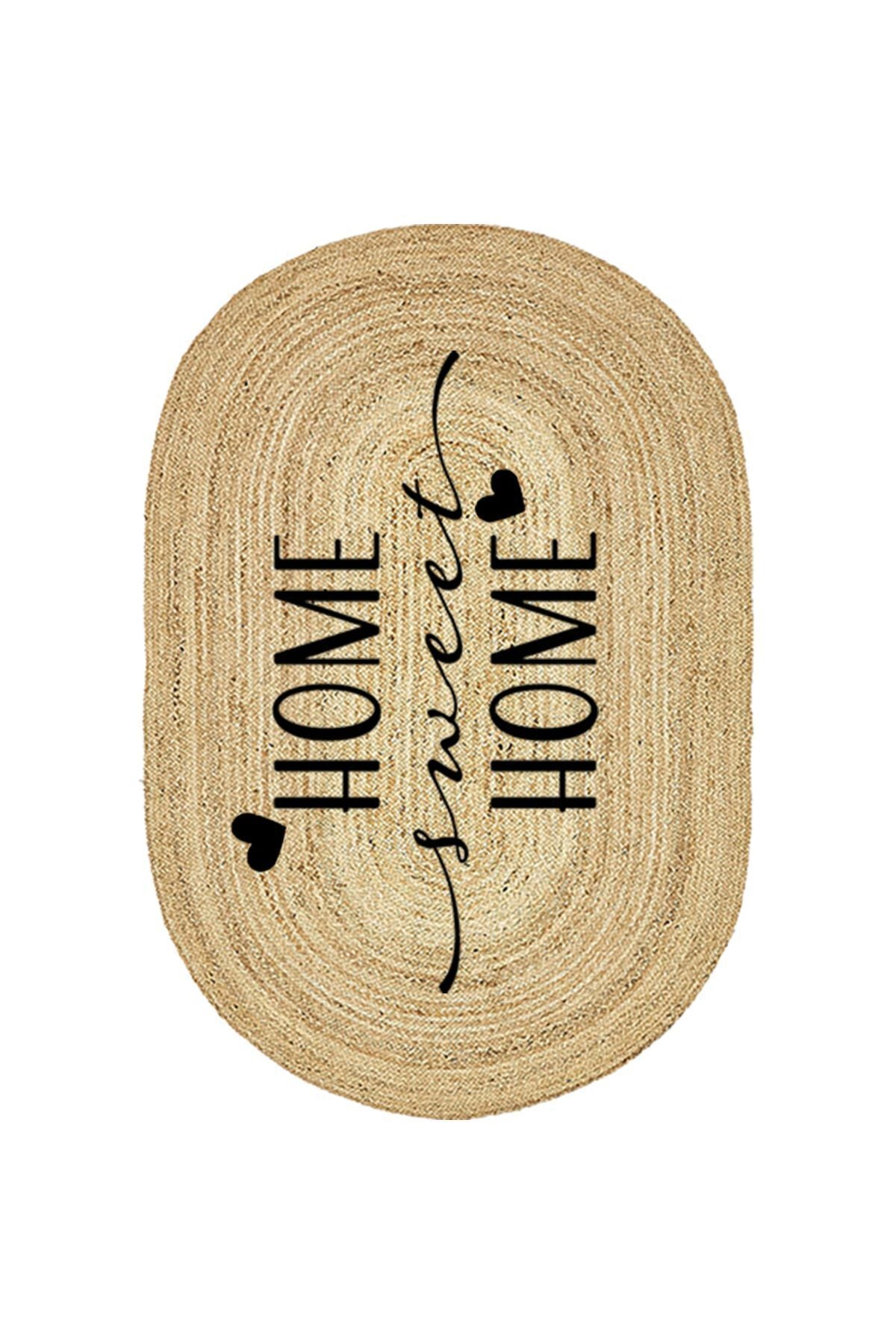 Boho 945 Home Sweet Home Temalı Etnik Desenli Oval Jüt Örme Doğal Hasır Kilim Daire Halı