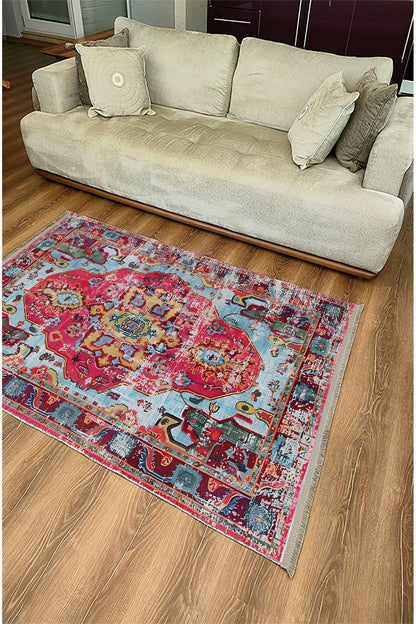 Halı Vagonu 91 Fuşya Tonlarında Klasık Dekoratif Salon Halısı Saçaklı Yıkanabilen Dekoratif Halı