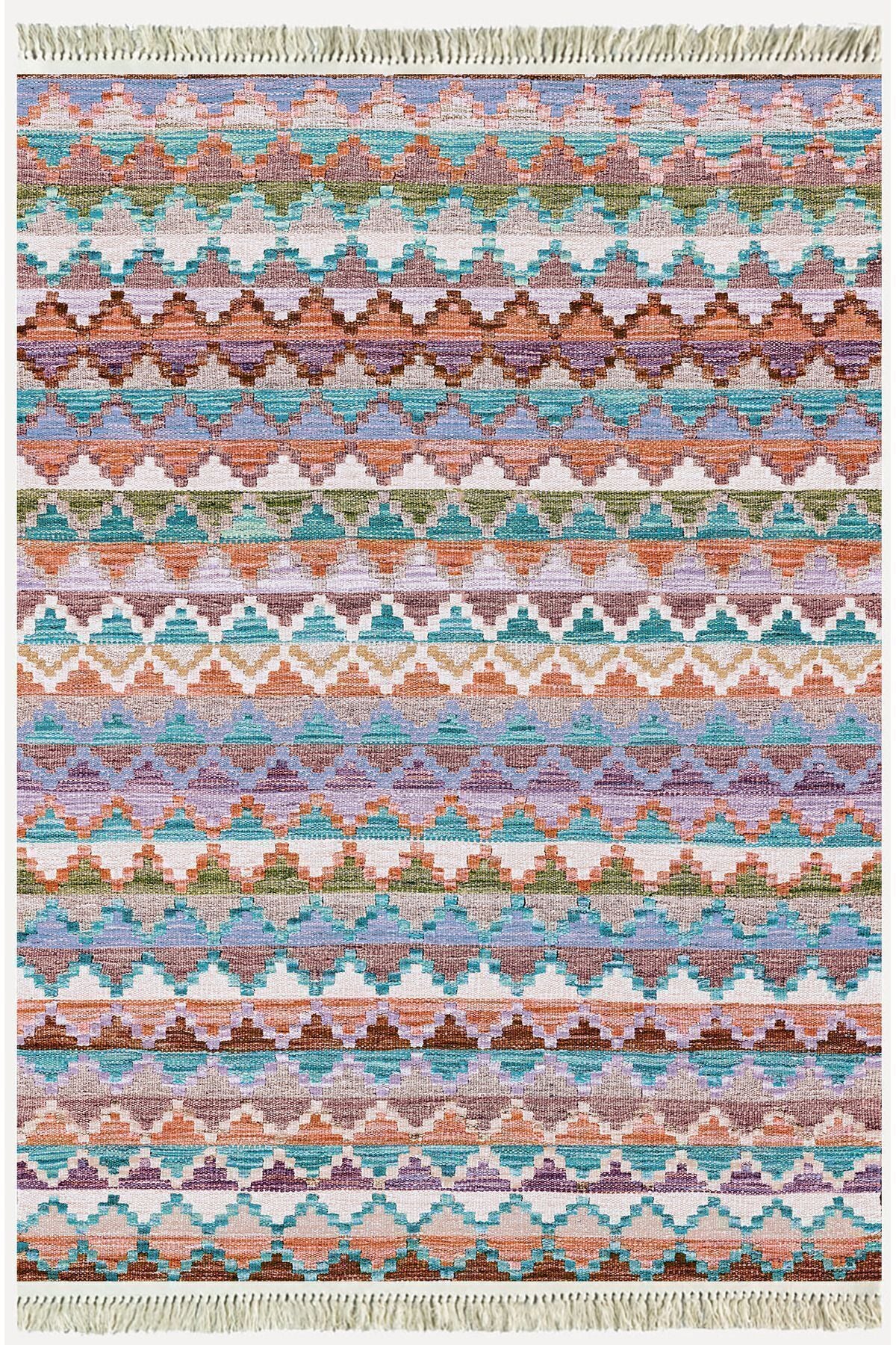 Cotton Kilim 51 Gri Zeminli Geleneksel Motifler Modern Dekoratif Saçaklı Yıkanabilen Dokuma Kilim