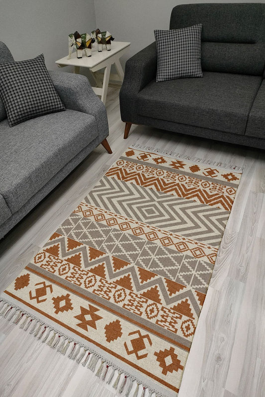 Cotton Serisi Kahve Ve Gri Tonlarında Otantik Geometrik Desenli Dekoratif Dokuma Taban Kilim