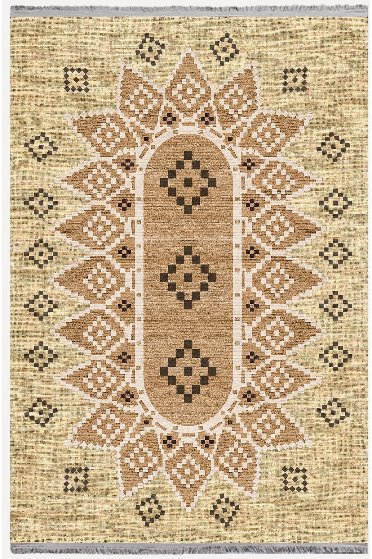 Halı Vagonu105 Jut Tonlarında Klasık Dekoratif Kilim Salon Halısı Saçaklı Yıkanabilen Halı