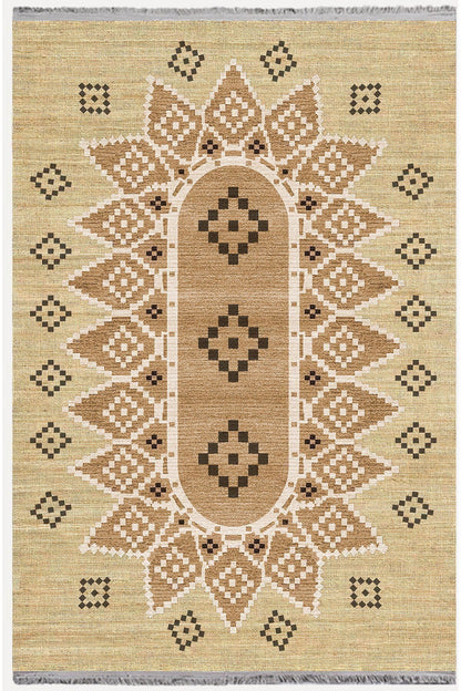 Halı Vagonu105 Jut Tonlarında Klasık Dekoratif Kilim Salon Halısı Saçaklı Yıkanabilen Halı