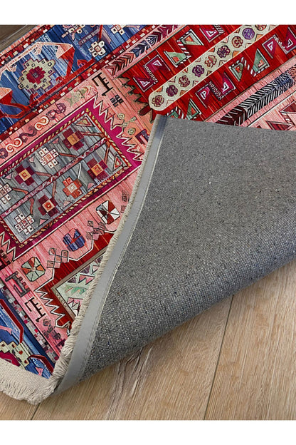 Renkli Klasik Desenli Yıkanabilir Kaymaz Salon Halısı, Koridor ve Mutfak Halısı Kilim 66
